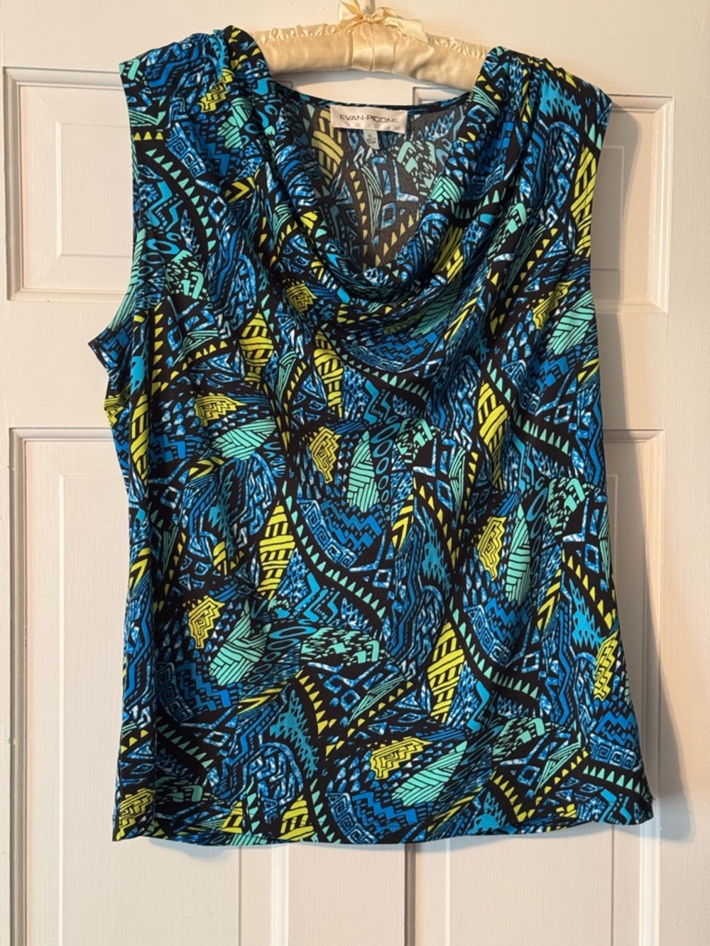 Cowl Neck Sleeveless Top in Blue & Yellow - Evan Picone